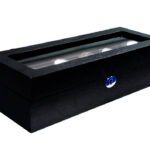 5 watch wood case with closed tempered glass lid and black PU leather interior