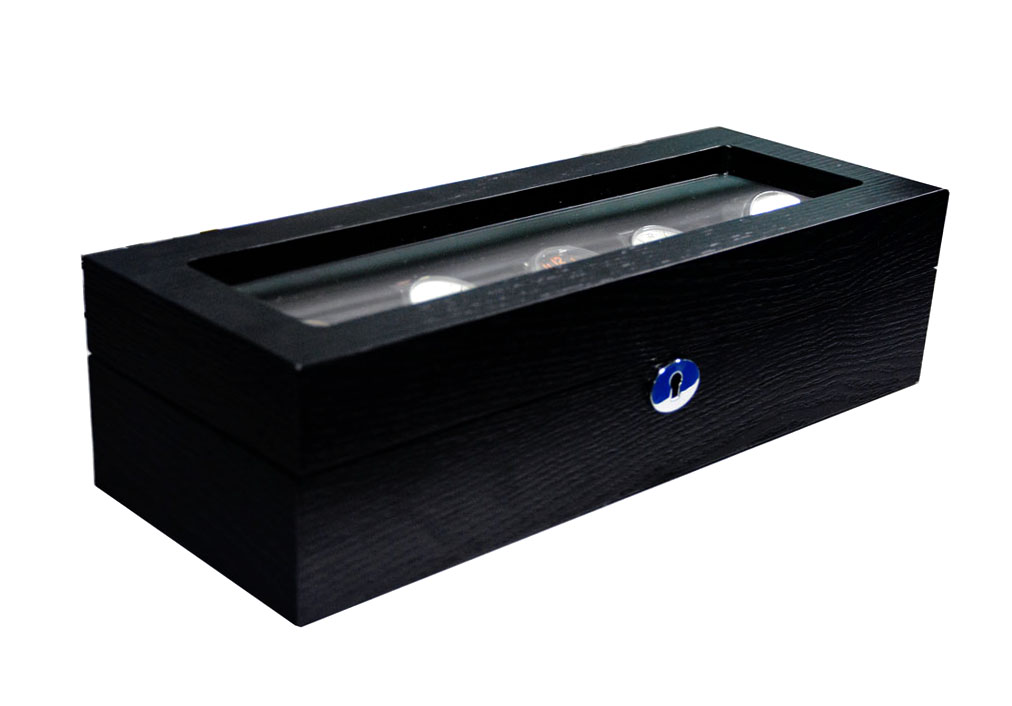 5 watch wood case with closed tempered glass lid and black PU leather interior