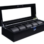 5 watch matte wood display box with open glass lid and leatherette watch cushions