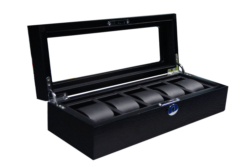 5 watch matte wood display box with open glass lid and leatherette watch cushions
