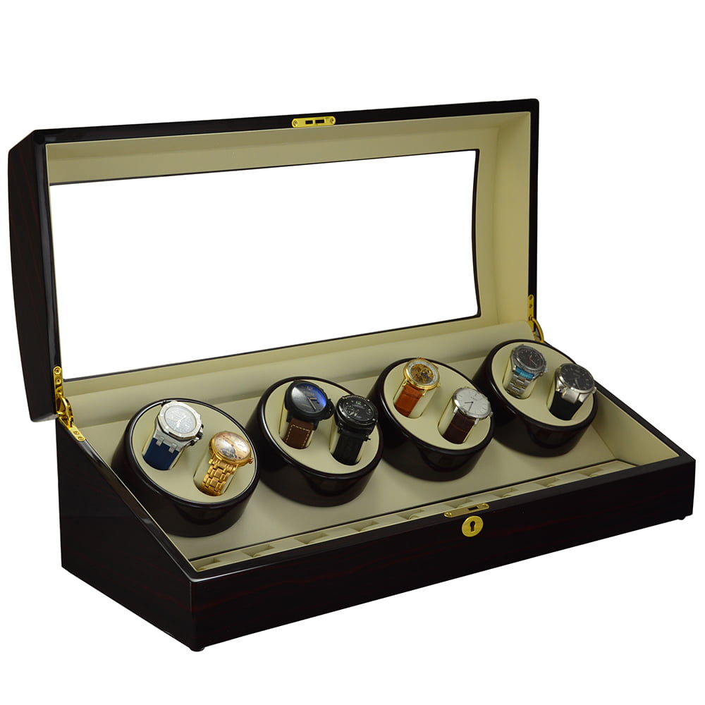 Ebony 8 watch winder displaying eight watches on four winding modules with beige interior