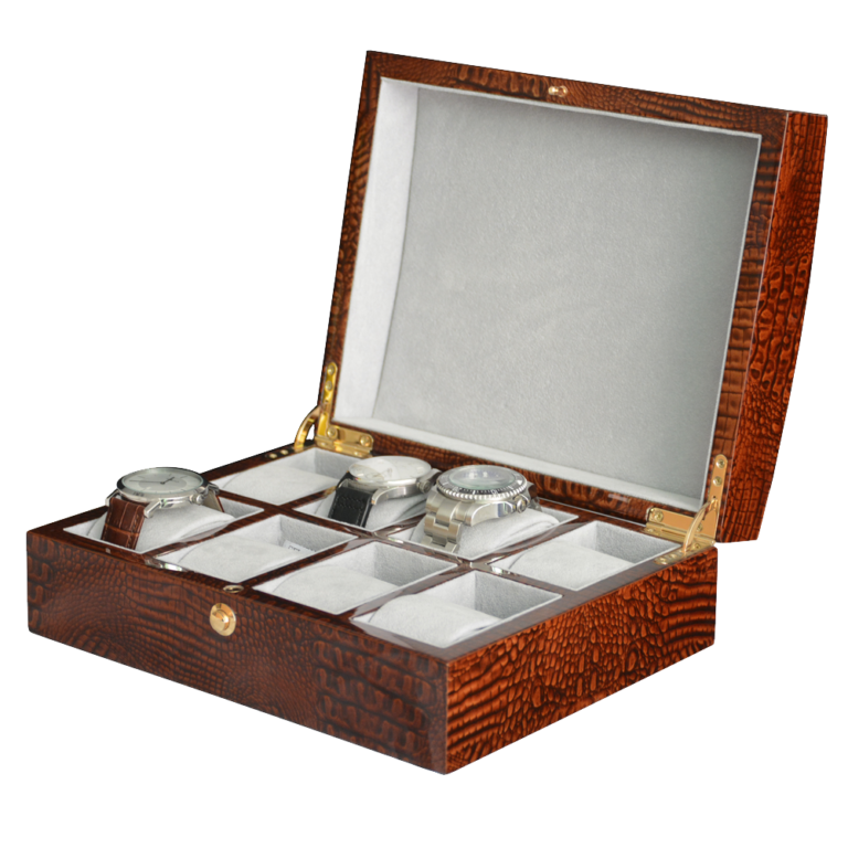 High-Gloss Lacquered Brown Crocodile Grain 8 Watch Case