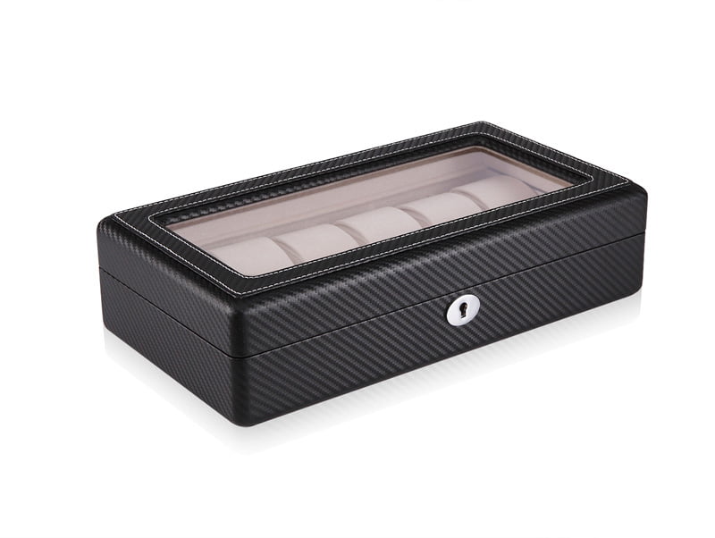 Closed carbon fiber watch case with tempered glass display window and hardware lock