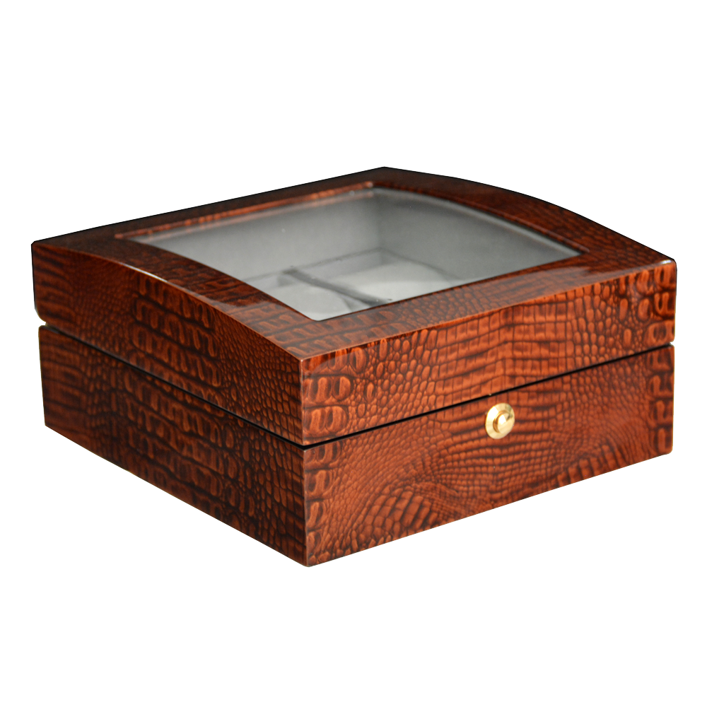 High Glossy Crocodile Grain Brown 6 Watch Case with Tempered Glass Display