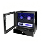 Black dual watch winder with open tempered glass door and storage drawer