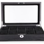 10 watch case with open tempered glass display window and black velvet interior