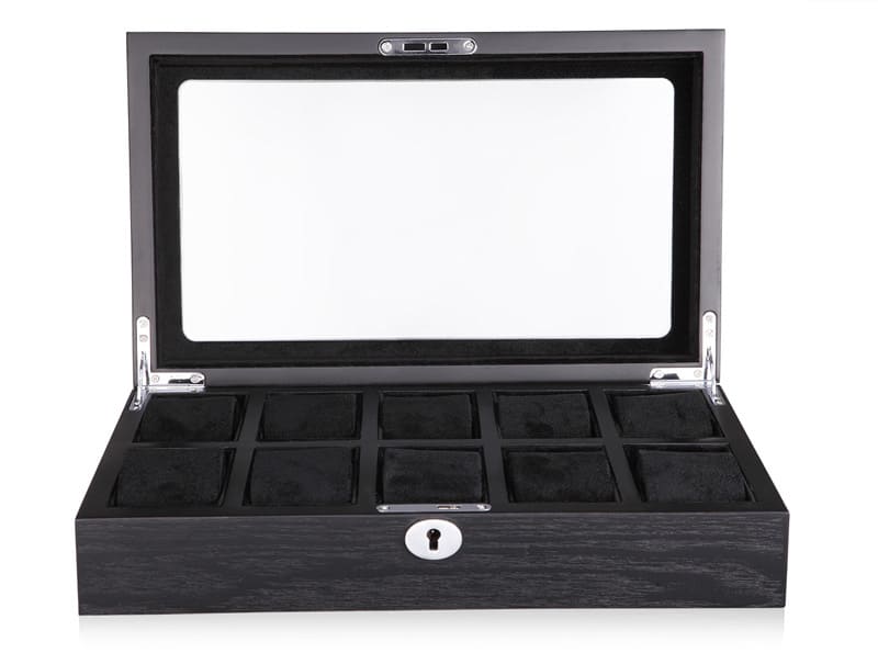 10 watch case with open tempered glass display window and black velvet interior