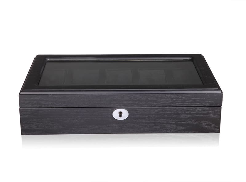 10 watch case with black wood veneer exterior and closed display lid