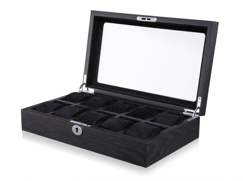 black wood watch case with multiple velvet watch compartments and display window