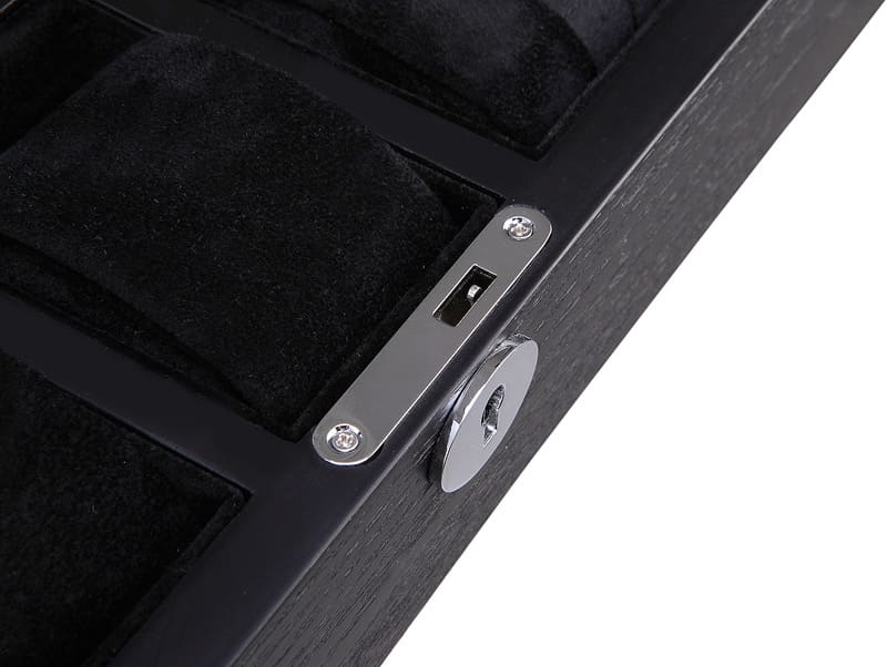 watch case standard hardware lock detail on black wood veneer exterior