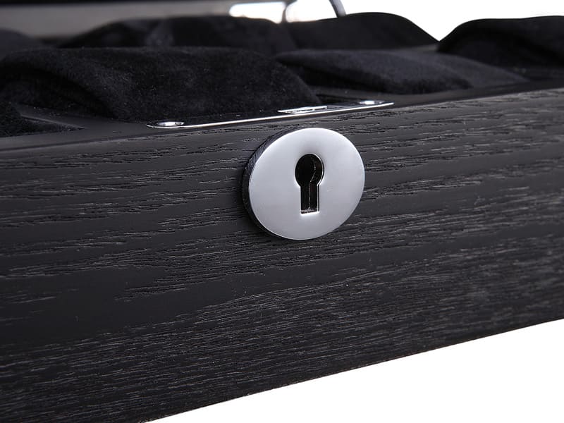 black velvet watch compartments inside wooden watch case