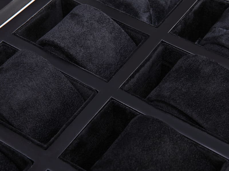 black wood veneer watch case edge and hinge construction detail