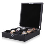 black wooden watch case with lock closure and smooth exterior finish