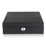 black wooden watch box with veneer exterior and rectangular storage design