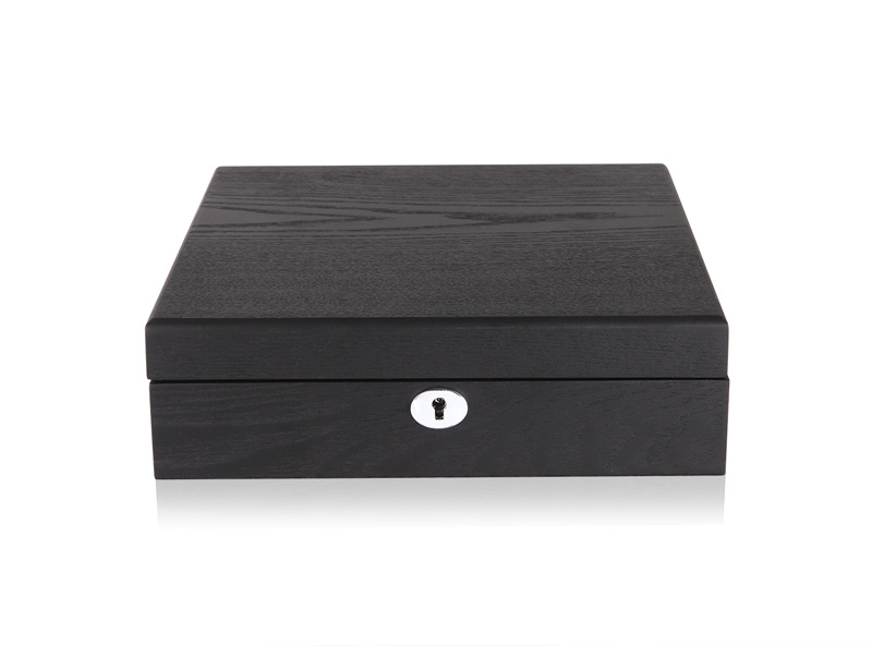 black wooden watch box with veneer exterior and rectangular storage design