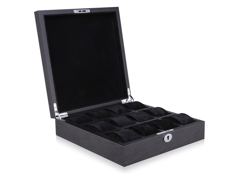 12 Watch Black Wood Veneer Watch Case with Black Velvet Interior