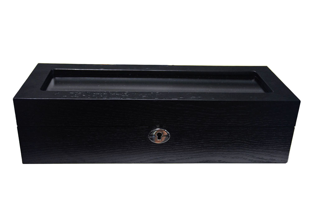 5 watch case front view with standard hardware lock and wood veneer exterior