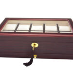 Closed 10 watch display case with tempered glass window, cherry red exterior and hardware lock