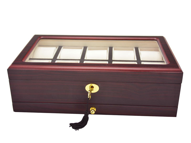 Closed 10 watch display case with tempered glass window, cherry red exterior and hardware lock