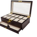 Open 10 watch case with beige velvet interior, tempered glass lid and lower storage drawer