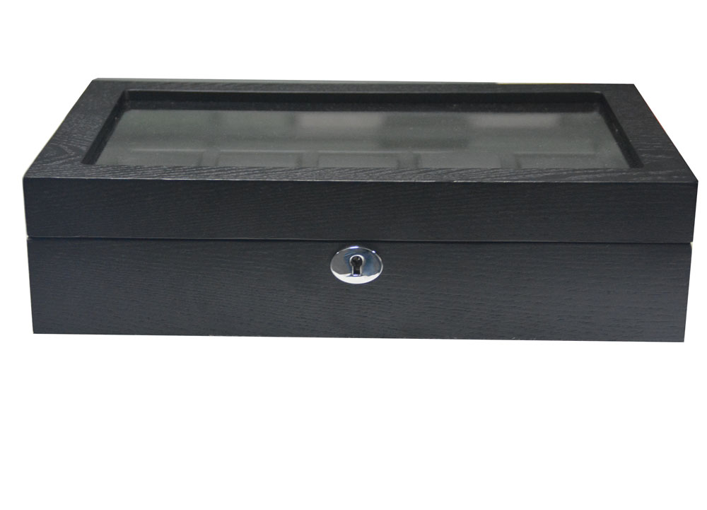 10 watch wood veneer case with black exterior and glass display lid closed