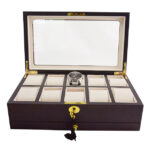 Open 10 watch display case with beige velvet-wrapped interior and individual watch holders