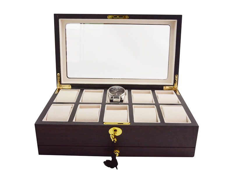 Open 10 watch display case with beige velvet-wrapped interior and individual watch holders