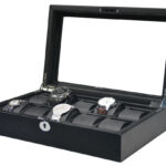 10 watch case displaying watches on black PU leather pillows