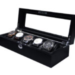5 watch case angled view with black exterior and glass display window