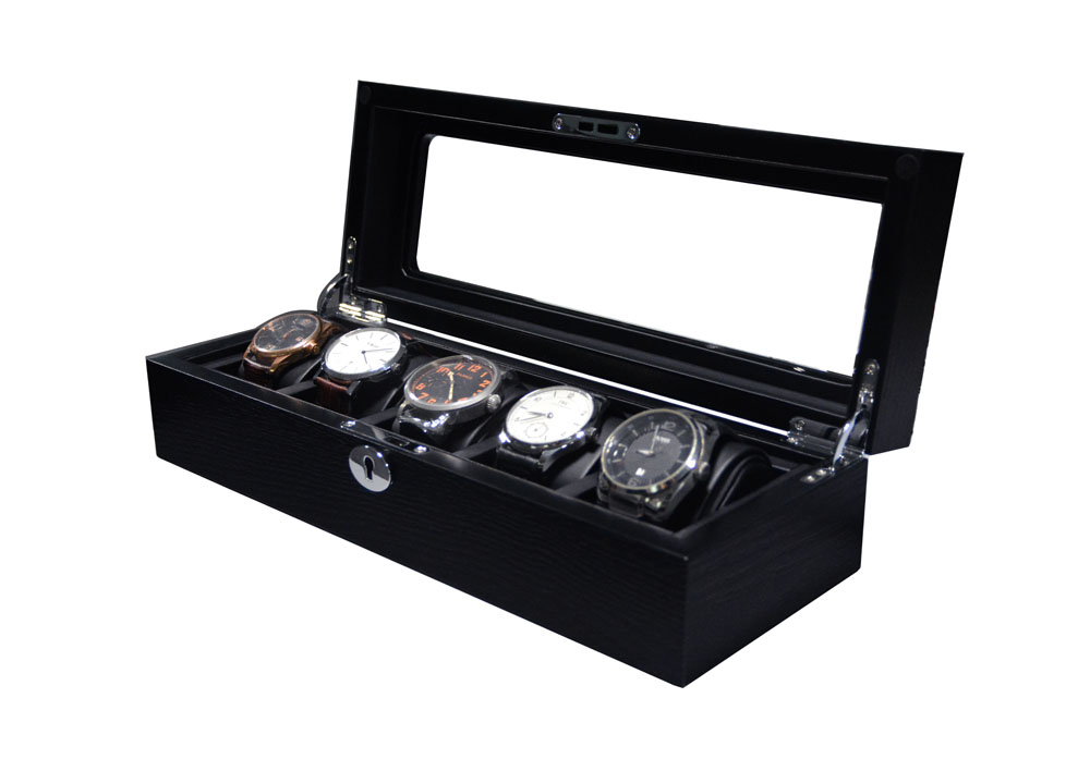 5 watch case angled view with black exterior and glass display window