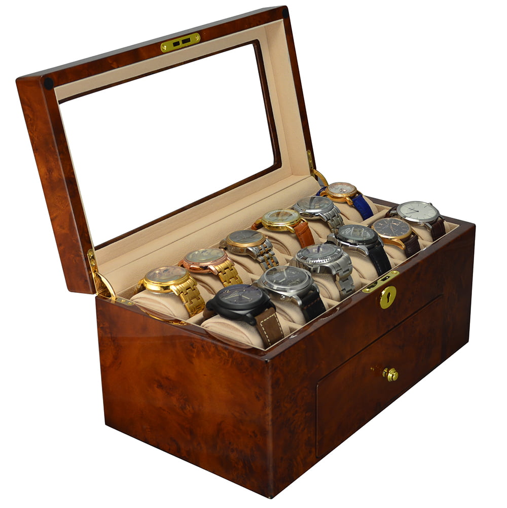 luxury watch display case with watches arranged on velvet cushions