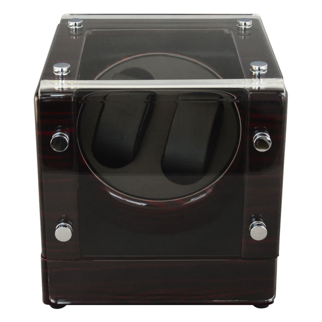 Double watch winder with ebony high-gloss body, black holders and clear acrylic front cover