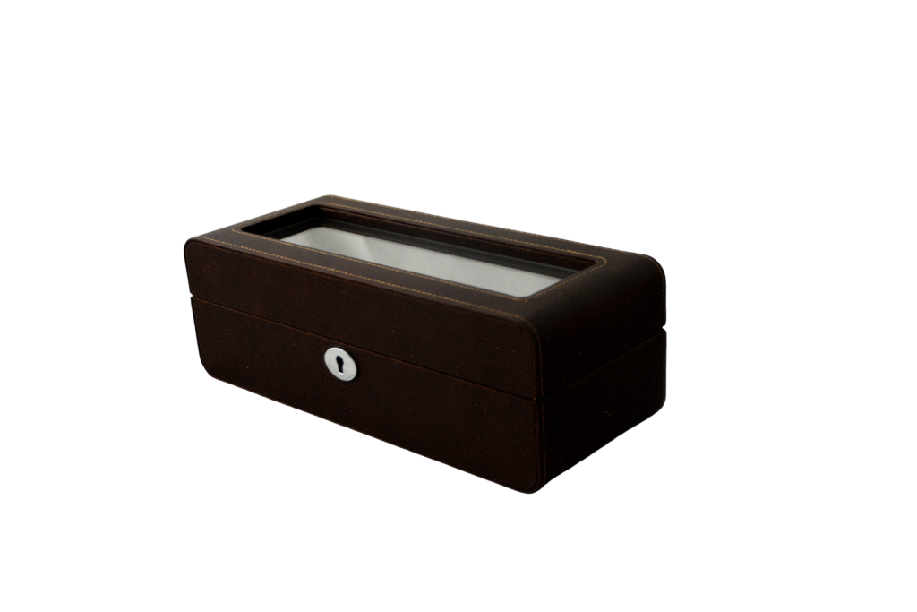 PU Leather Brown 5 Watch Case with Grey Velvet Interior
