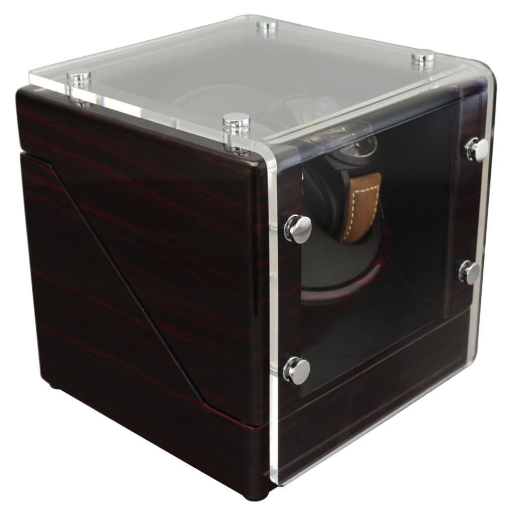Double watch winder side view with ebony high-gloss body and clear acrylic display cover