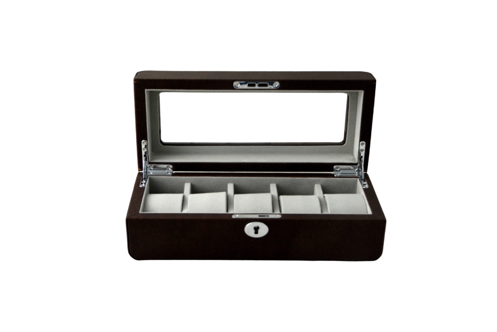 PU Leather Brown 5 Watch Case with Grey Velvet Interior