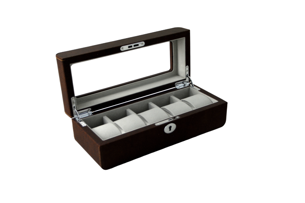 PU Leather Brown 5 Watch Case with Grey Velvet Interior