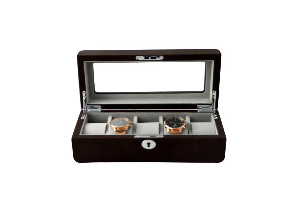 PU Leather Brown 5 Watch Case with Grey Velvet Interior
