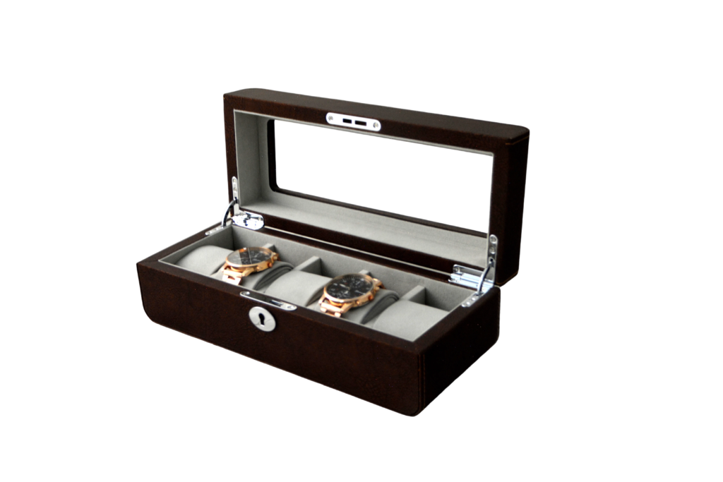 PU Leather Brown 5 Watch Case with Grey Velvet Interior