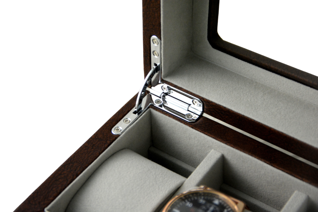PU Leather Brown 5 Watch Case with Grey Velvet Interior