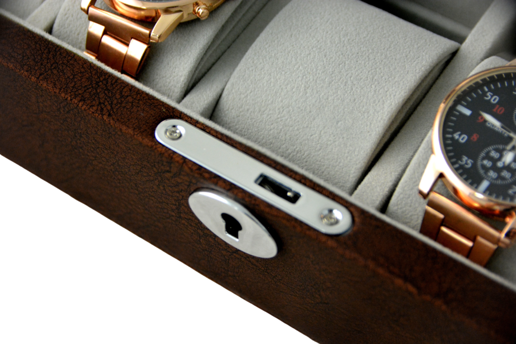 PU Leather Brown 5 Watch Case with Grey Velvet Interior