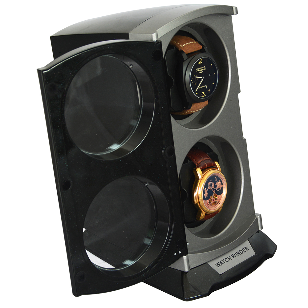 Glossy Black Plastic 2 Watch Winder with LED Light