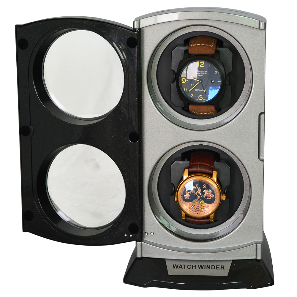 Glossy Black Plastic 2 Watch Winder with LED Light