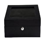 black wood watch case closed view with glass top and lock