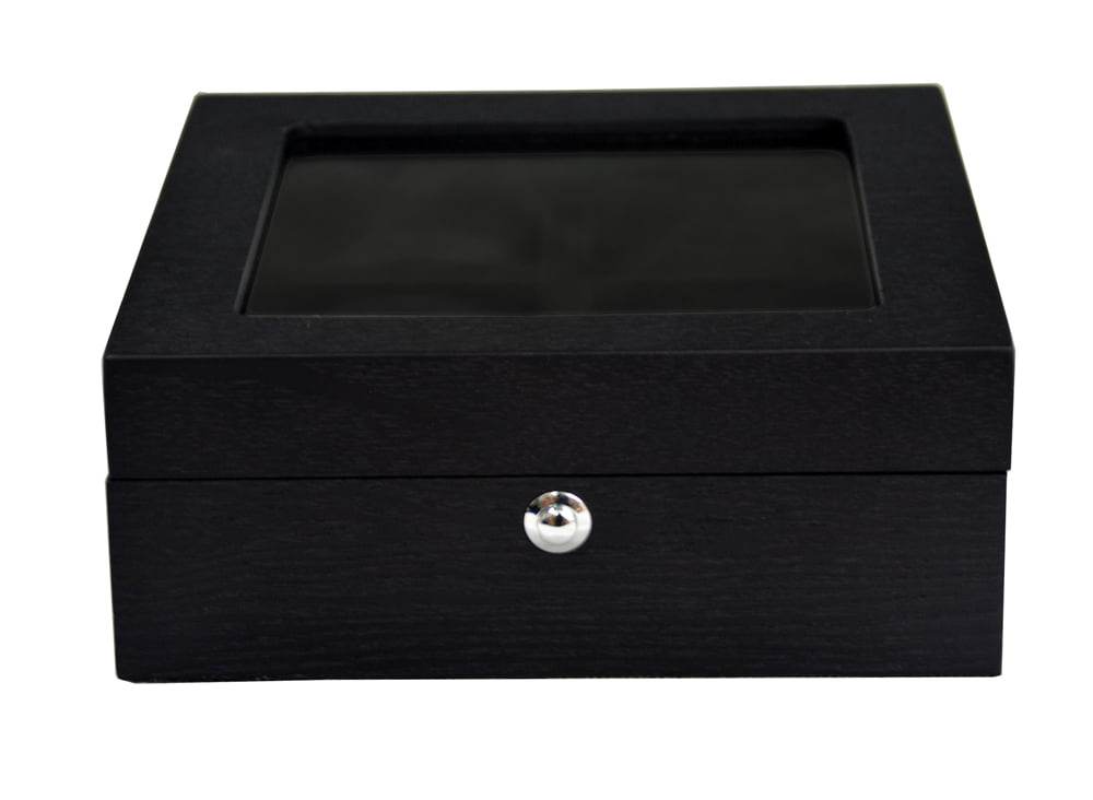 black wood watch case closed view with glass top and lock