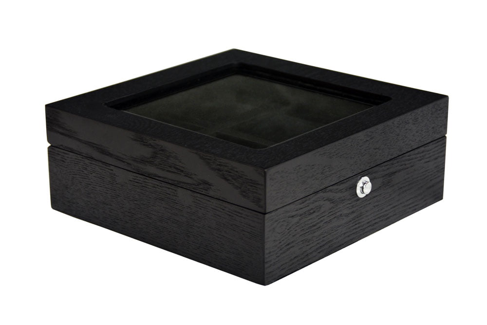 wood veneer watch case angled view with black exterior finish