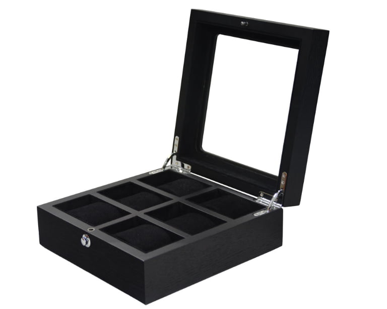 Black Wood-Veneered MDF 6 Slots Watch Case with Tempered Glass Display Window