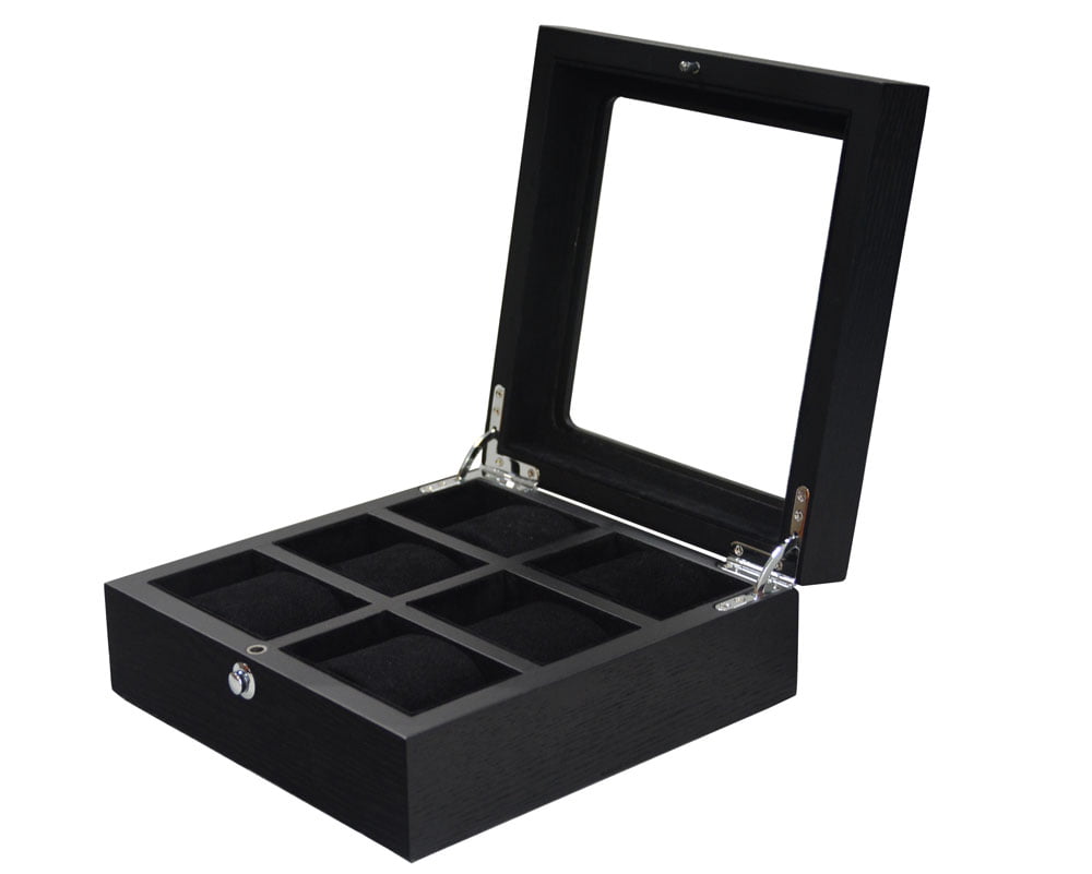 6 slot watch case open display with black velvet cushions