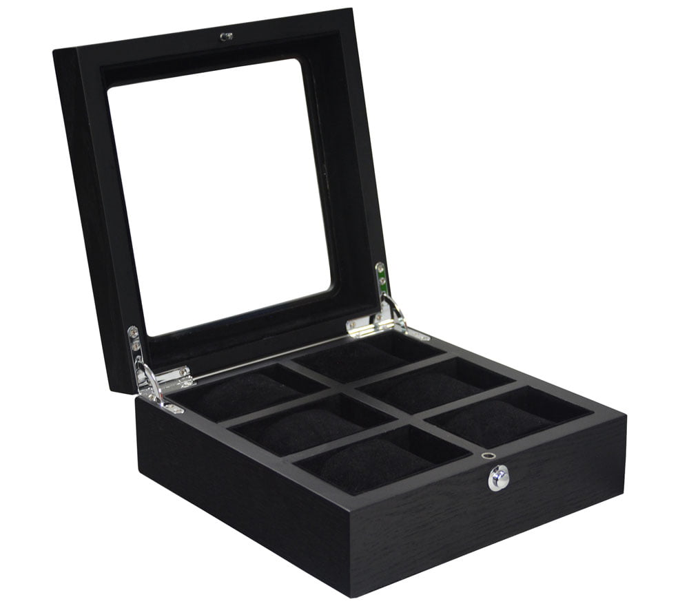 black velvet watch storage case with six compartments