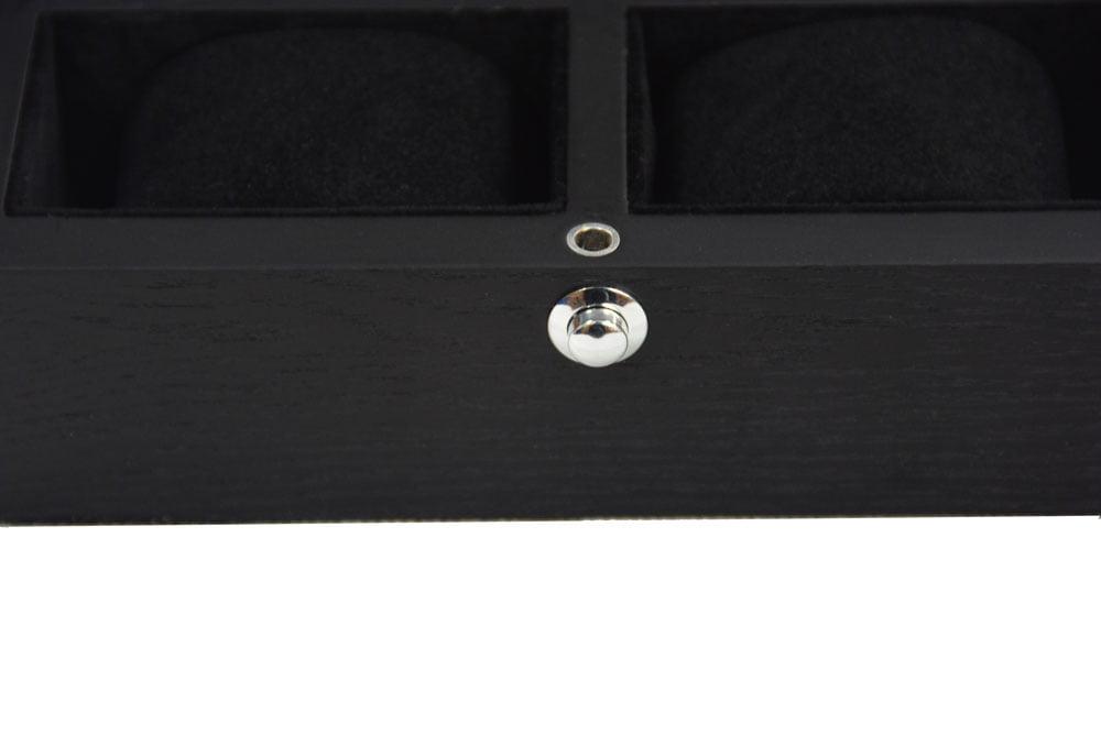 watch case lock and hinge detail on wood veneer exterior