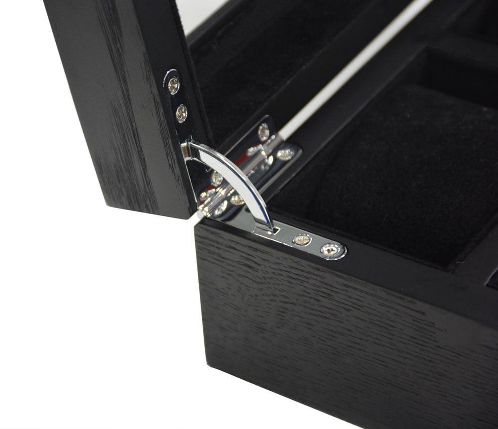wood watch case hardware hinge detail with black finish